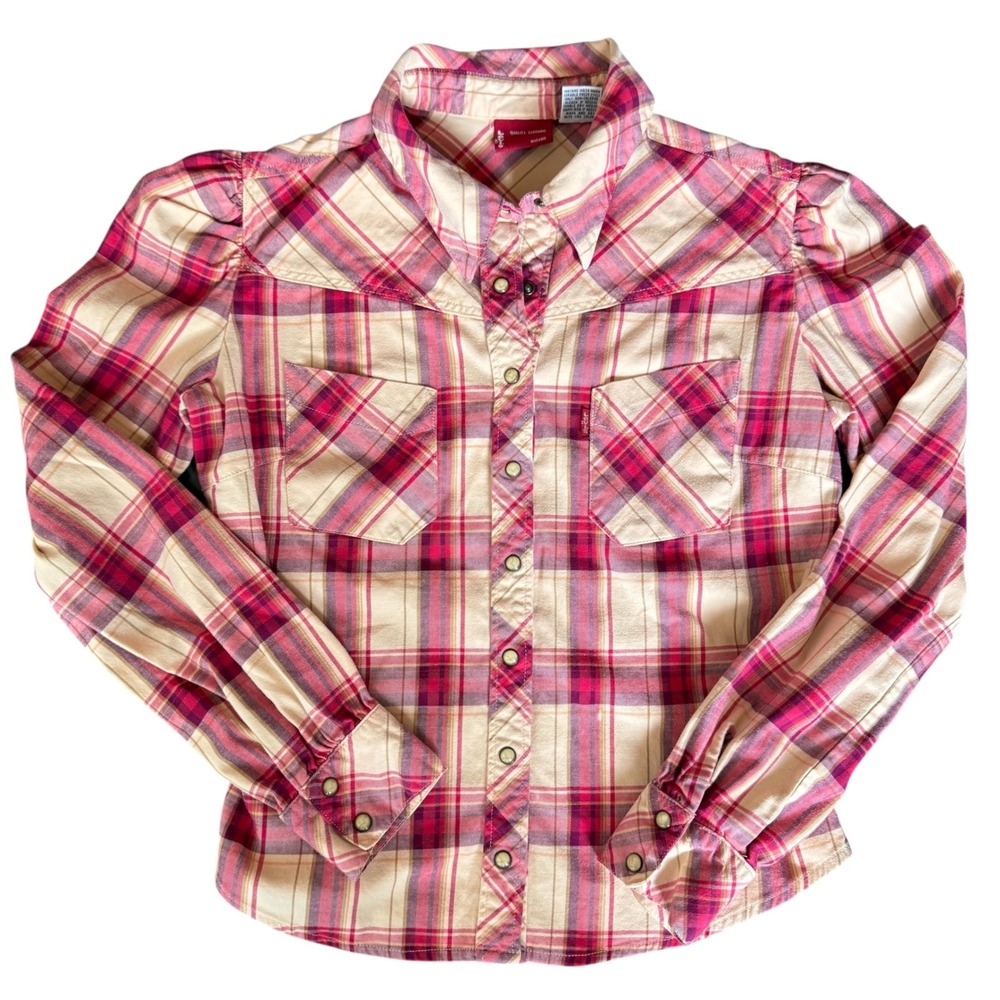Levi's Women's M Deep Pink Plaid Flannel Western Pearl Snap Shirt Long Sleeve